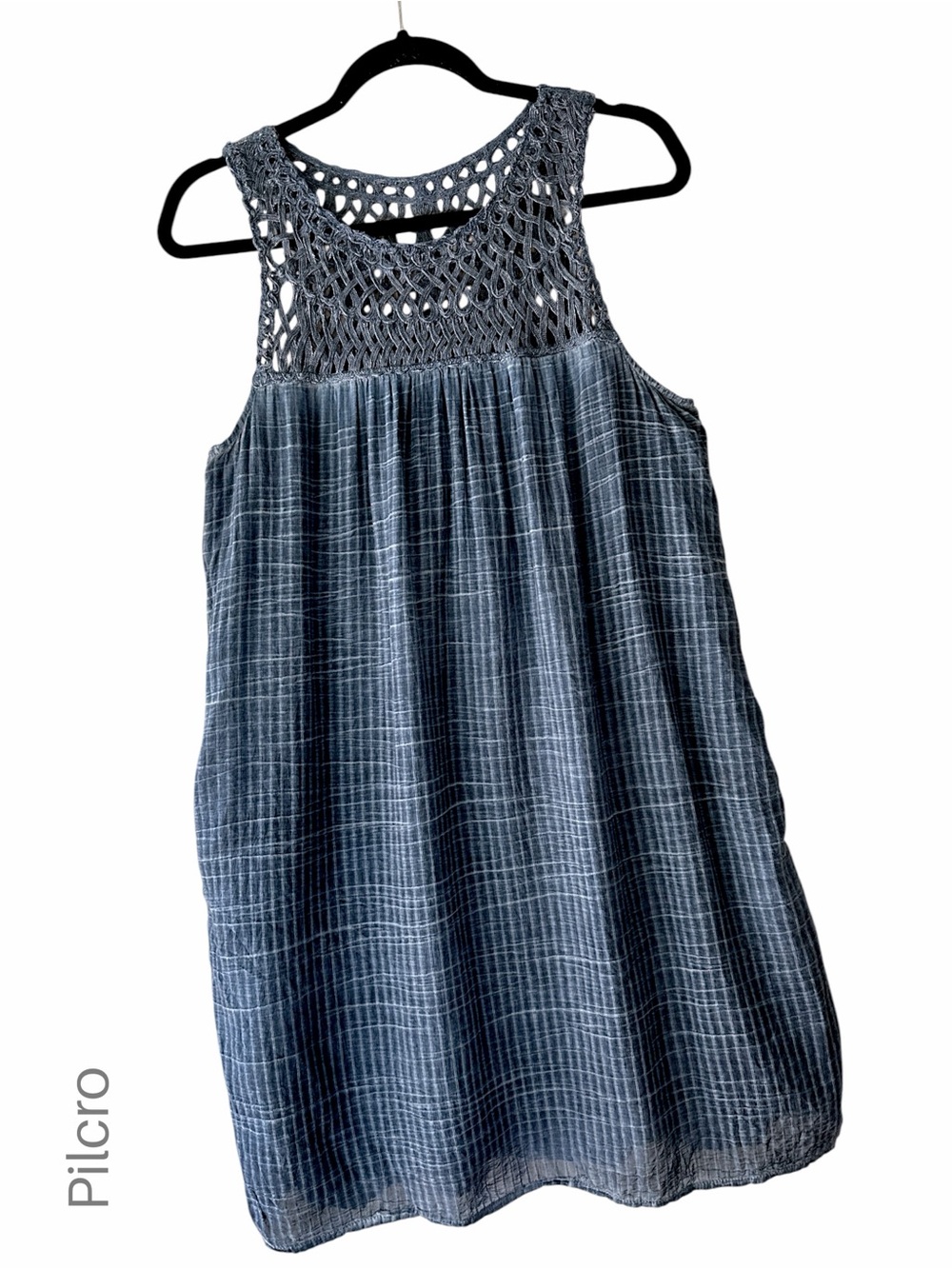 PILCRO ANTHROPOLOGIE MACRAME TUNIC DRESS POCKETS WEDGEWOOD BLUE PULL ON | MEDIUM